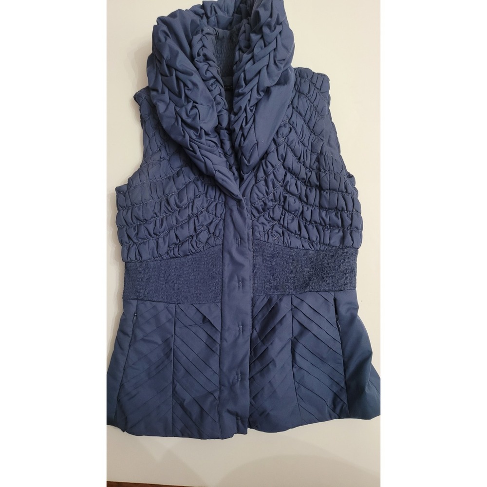 Elie Tahari Puffer Vest XS Blue Ruffle Snaps Quilted Jacket High Collar